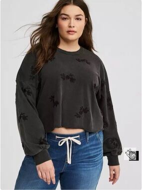 Washed Black Floral Cropped Sweatshirt